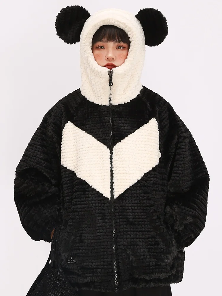 

Original Winter 2026 Oversize Hooded Panda Patchwork Cotton Jaet Women's Sweet Cute Fluffy Outerwear Casual Loose Fit Coat