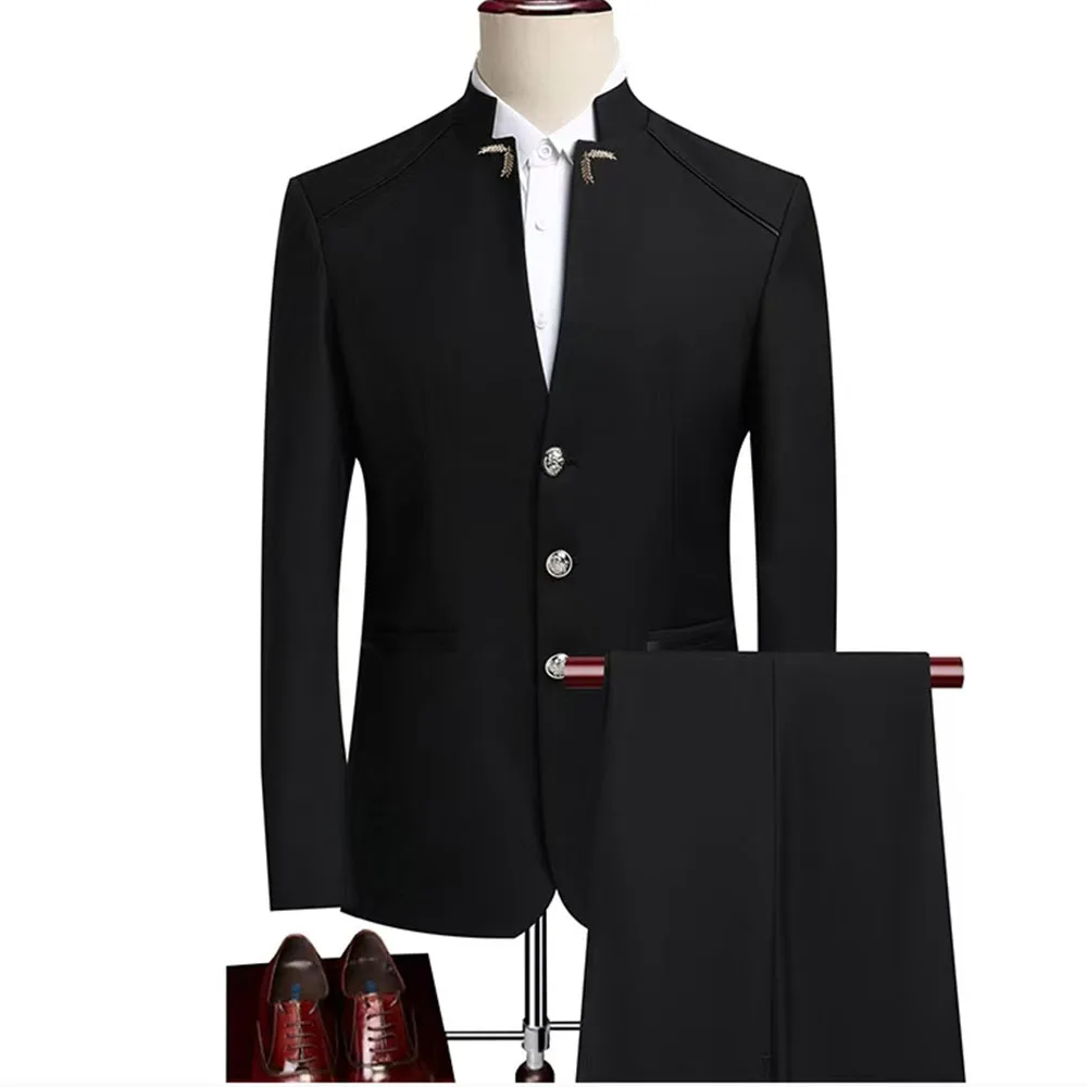 2025 Men's Slim Fit 2 Piece Suit Solid Standing Collar Single Button Suit Jacket Pants Set Tuxedo for Prom