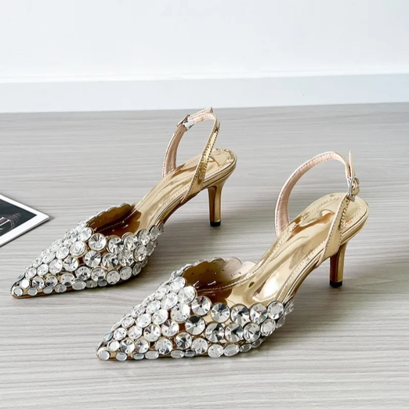 

New Gold Silver Rhinestone 7.5cm High-heeled Sandals Sexy Pointed End Fashion Summer Commuting Banquet Shopping Women's Shoes 41