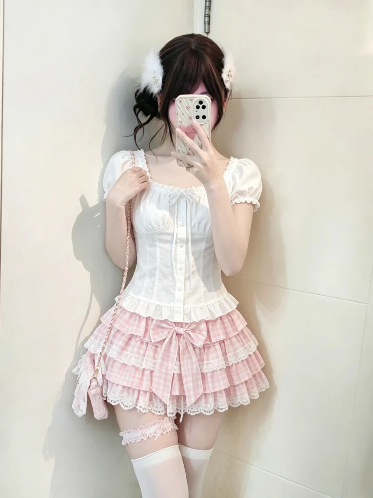 Sweet Holiday 2 Piece Sets 2026 Japanese Kawaii Y2K Crop Top Blouse and Mini Skirts American Vintage Outfits for Girls