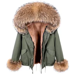 MAOMAOKONG 2024 Add cuff fur Winter Clothes Women Natural fur coat Real Raccoon Fur Collar Parkas Faux Fur Lining Short Jacket