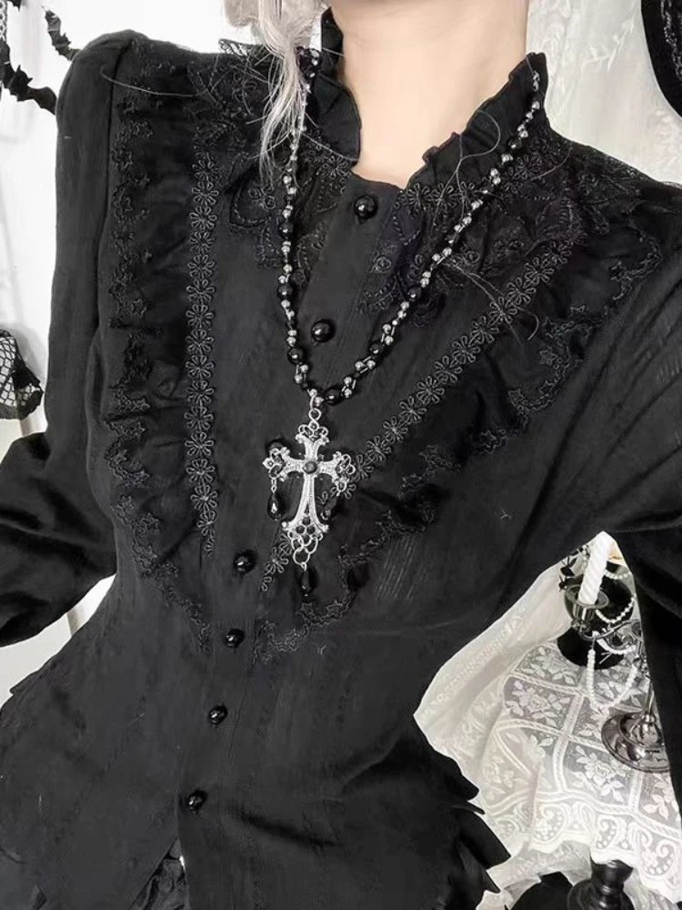 

Summer Gothic Darkly Lolita Shirts Women Vintage Harajuku Fashion Black Short Sleeve Blouses Female Elegant Y2k Design Tops New
