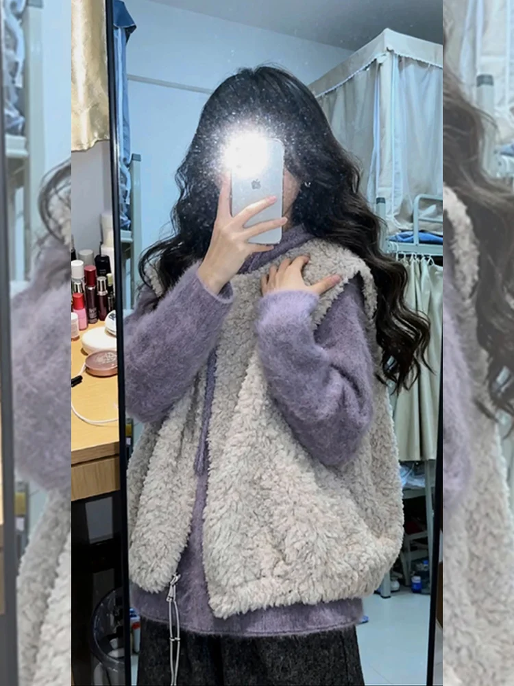 Korean Sle Lazy eepskin Vest Women's Svel Jaet Autumn Winter New High-End Versatile Top Commute Faion Polyester...