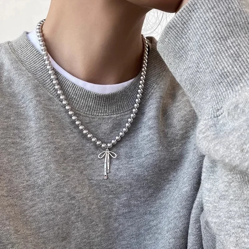 LATS Gray Pearls Bowknot Pendant Necklace for Women Girls Graceful Butterfly Choker Chain Jewelry Gift Accessories image 4