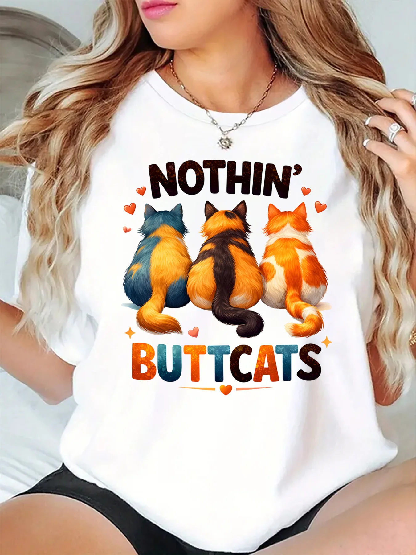 Nothin Buttcats Three Cute Cat Back View Heart Graphic Womens T Shirt Short Sleeve Crew Neck Funny Pet Casual Ladies Tee Tops