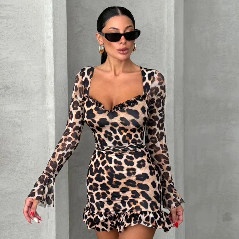 CUTENOVA 2024 Autumn New Dress Mesh Patchwork Leopard Printed Flare Long-Sleeved Waisted Sexy Package Hip Short Dresses Y2K