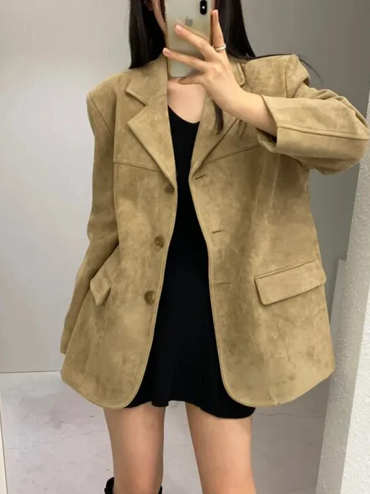 Women's Casual Sle Loose Fit Leather Jaet Autumn Winter New Arrival Versatile Mid-Length Commute Friendly Single Button