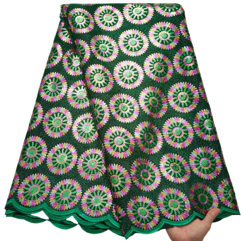 Nigerian Lace Fabric 2024 High Quality 5 Yard Green African Sequined Lace Fabric Embroidery Luxury Evening Dress for Women A2672