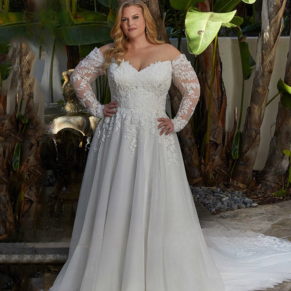 Princess Plus Size White A-line Wedding Dresses Off Shoulder Long Sleeves Appliques Lace up Back Bridal Gwon Robe De Mariée