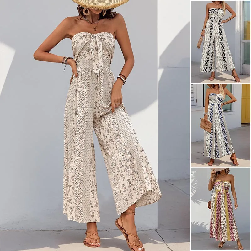 

2025 New Women's Summer Fashion Tie Jumpsuit With Ethnic Style Printed Casual Sleeveless Strapless Jumpsuit Wide Leg Pants