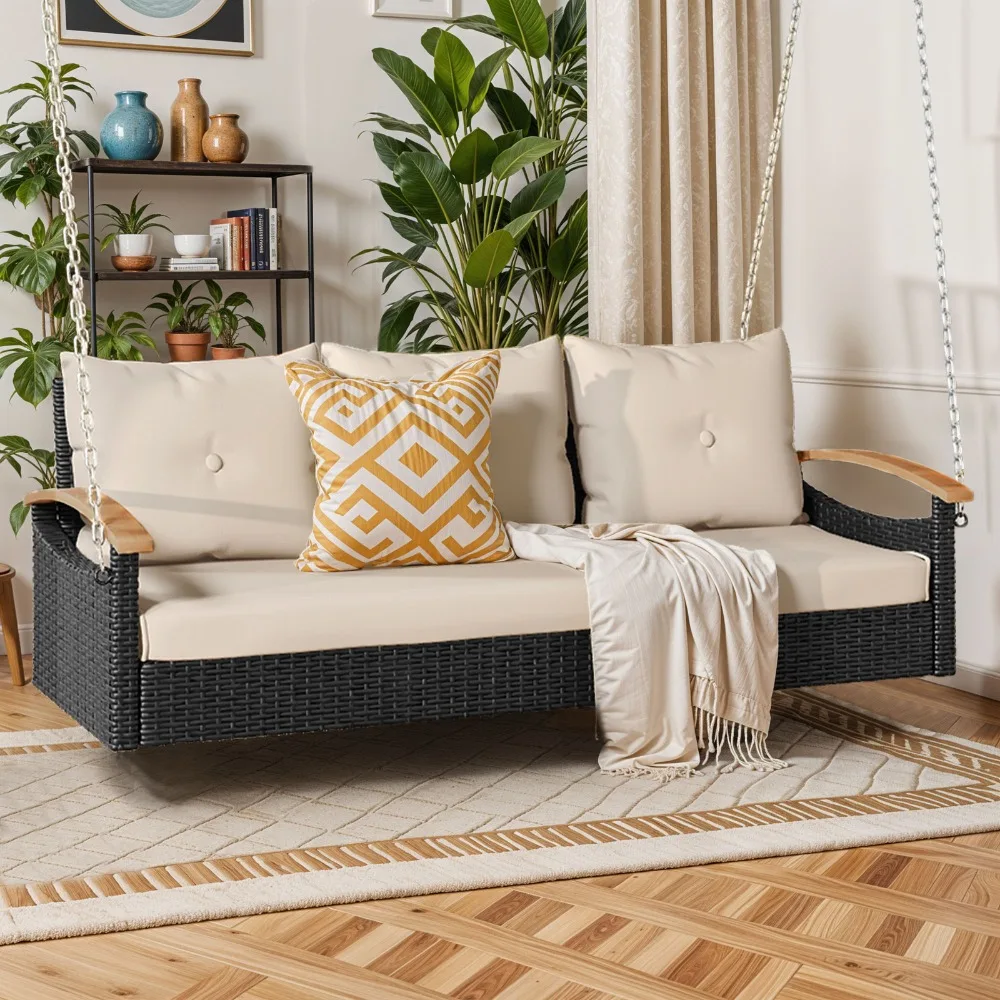 

3 Seat Porch Swing Hanging Chair Rattan Wicker Outdoor Waterproof w/ Cushion