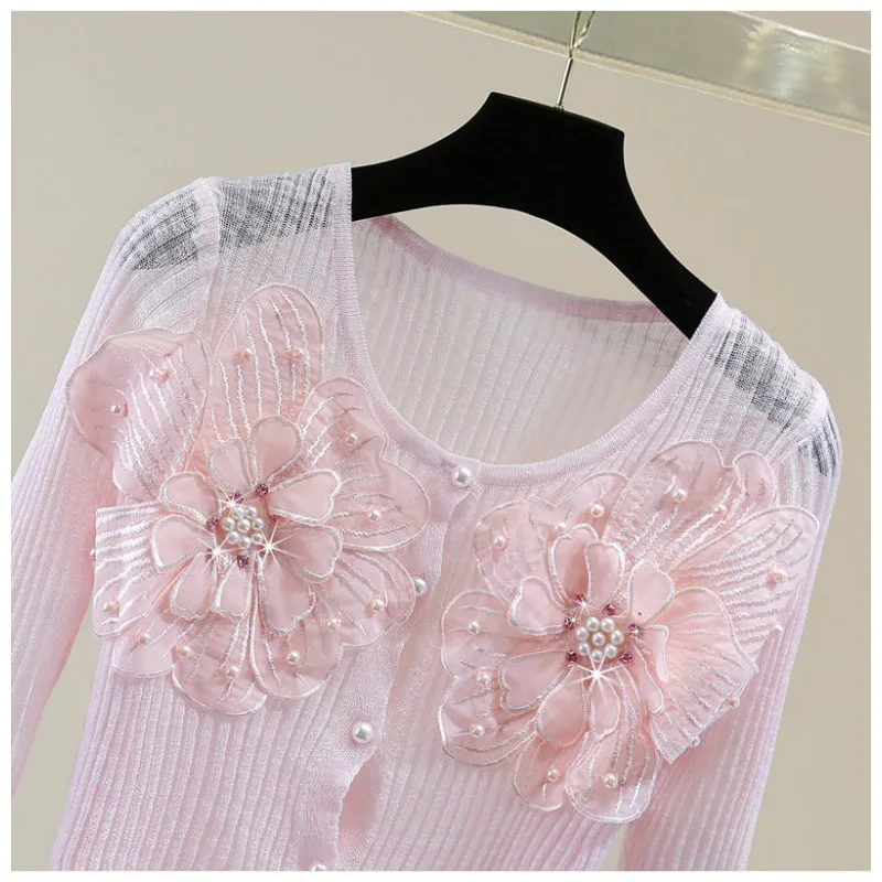 Sweater Women Sunscreen Shirt Tees Crop Tops Embroidery Long Sleeves Ice Silk Summer Thin Beading Solid Knitted Cardigan Flower