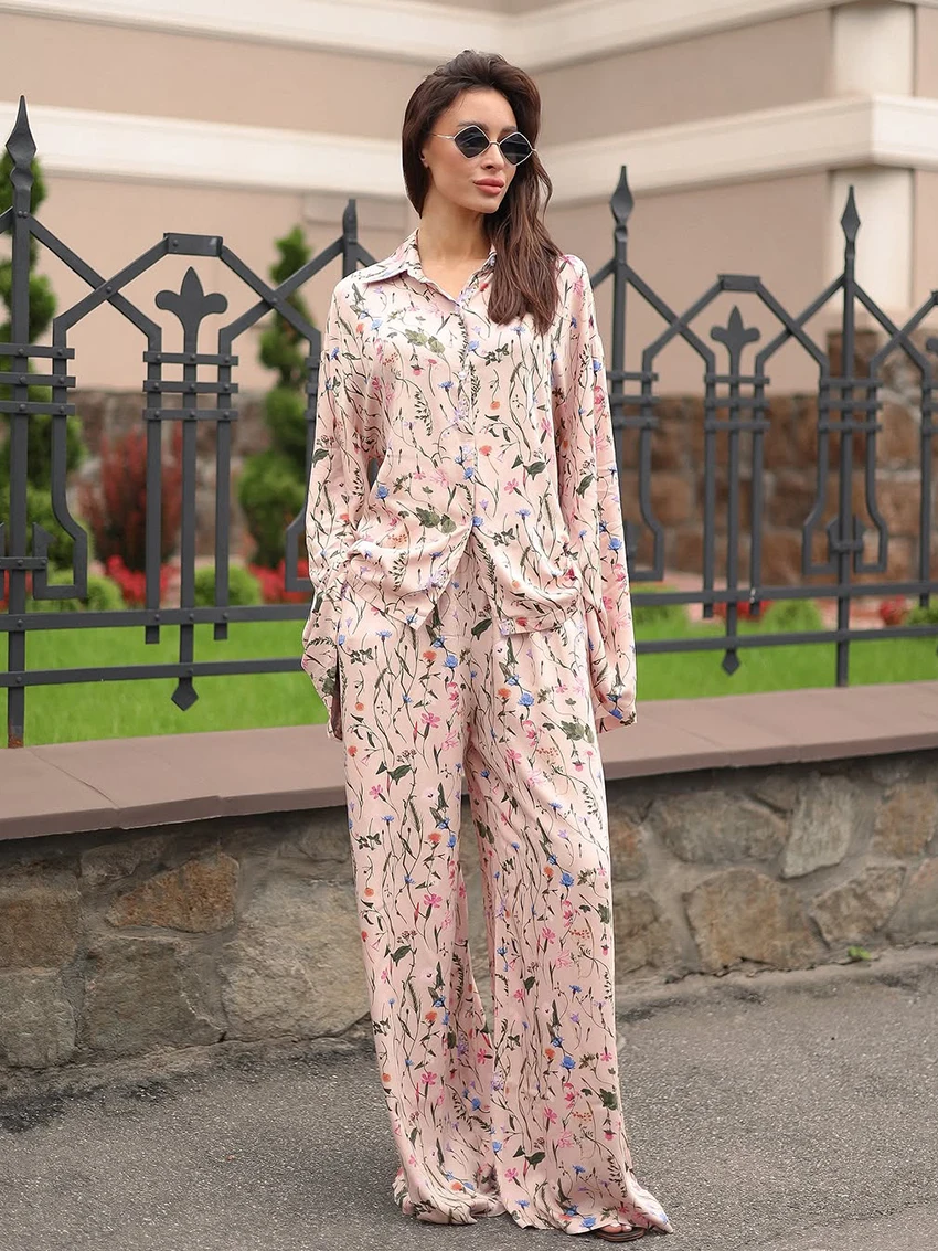 Marthaqiqi بدلة بيجامة نسائية غير رسمية بياقة مقلوبة ملابس نوم بأكمام طويلة ثوب نوم سروال مطبوع ملابس نوم نسائية طقم مكون من قطعتين