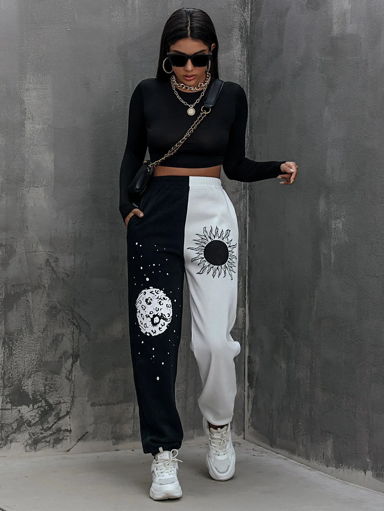 2023 Autumn And Winter Women's Clothing Pants Harajuku Elastic Waist Pocket Side Sun Moon Graphic Print Colorblock Punk Trousers