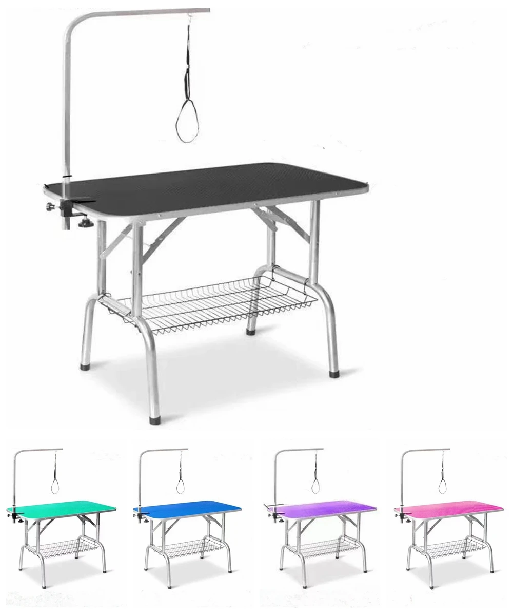 

Foldable Adjustable Pet Dog Grooming Table with Stainless Steel Storage Basket and Stainless Steel Boom