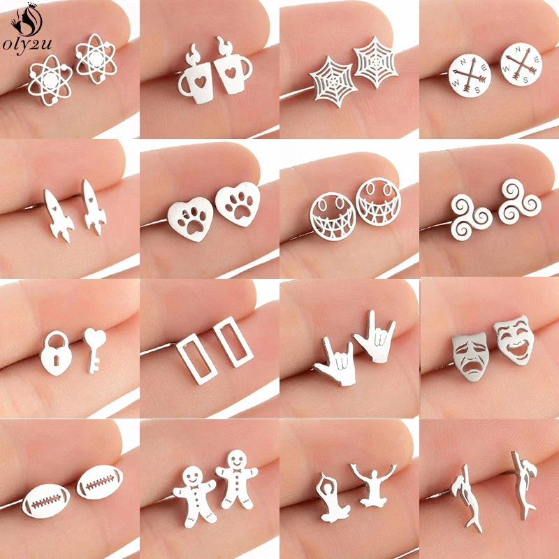 Multiple Golden Stainless Steel Stud Earrings for Women Men Minimalist Lighter Spider Web Rocket Earings Wholesale Pendientes