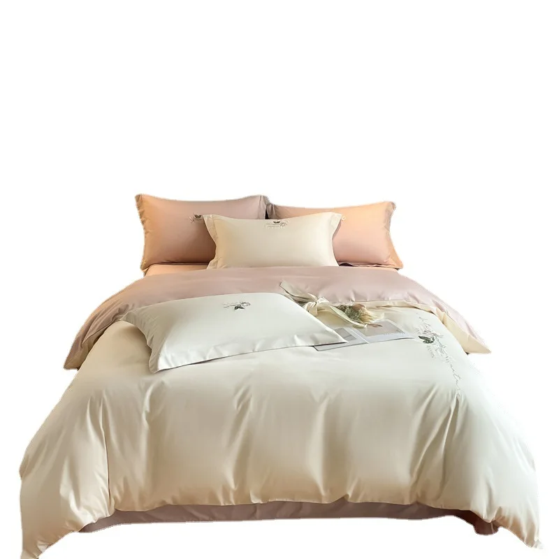 Class A Long Staple Cotton Four Piece Set with Light Luxury Embroidered Cotton Quilt Cover and Solid Color Bedding