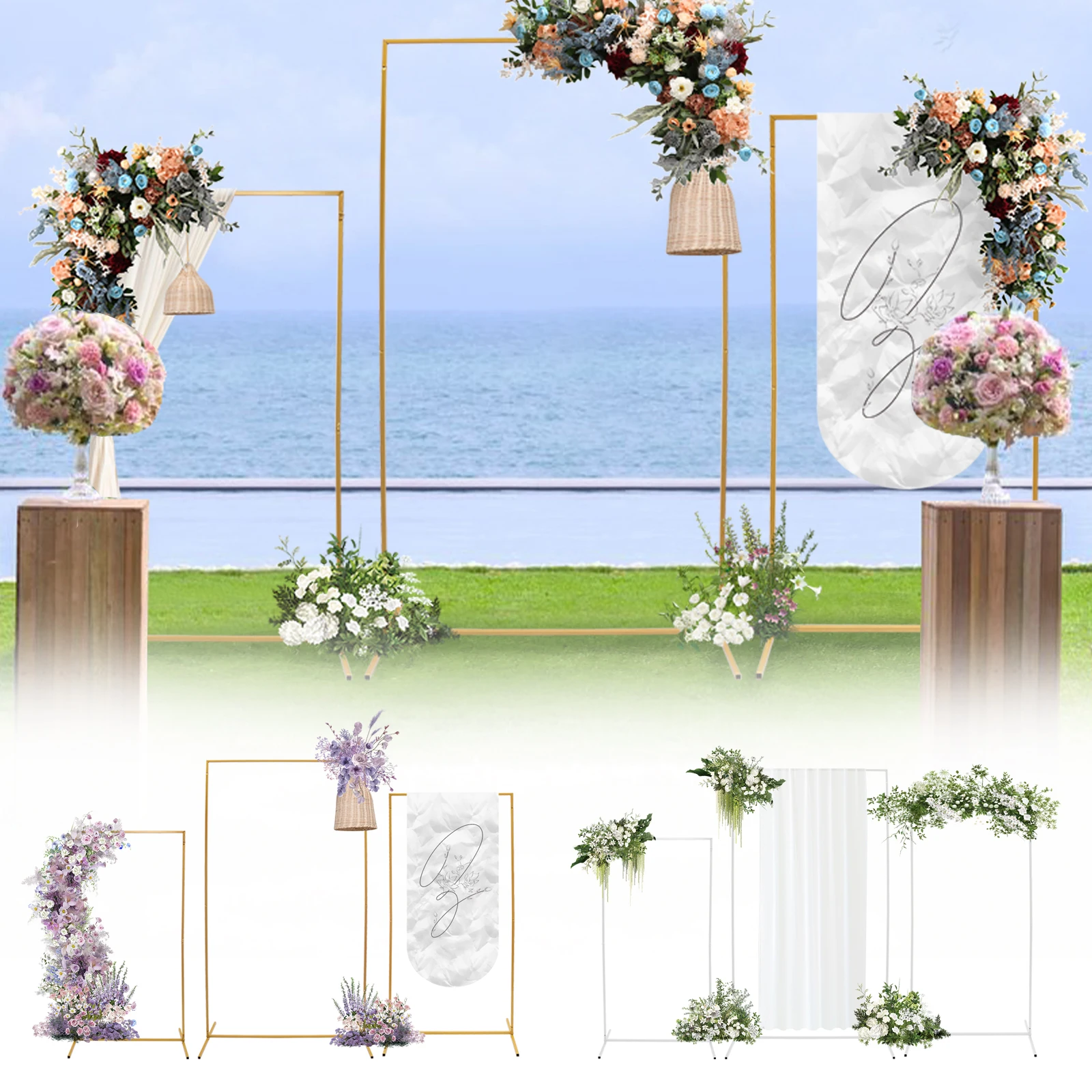 

3Pcs Rectangular Wedding Backdrop Stands Assorted Sizes Metal Balloon Frames for Wedding Party Photography Decoration