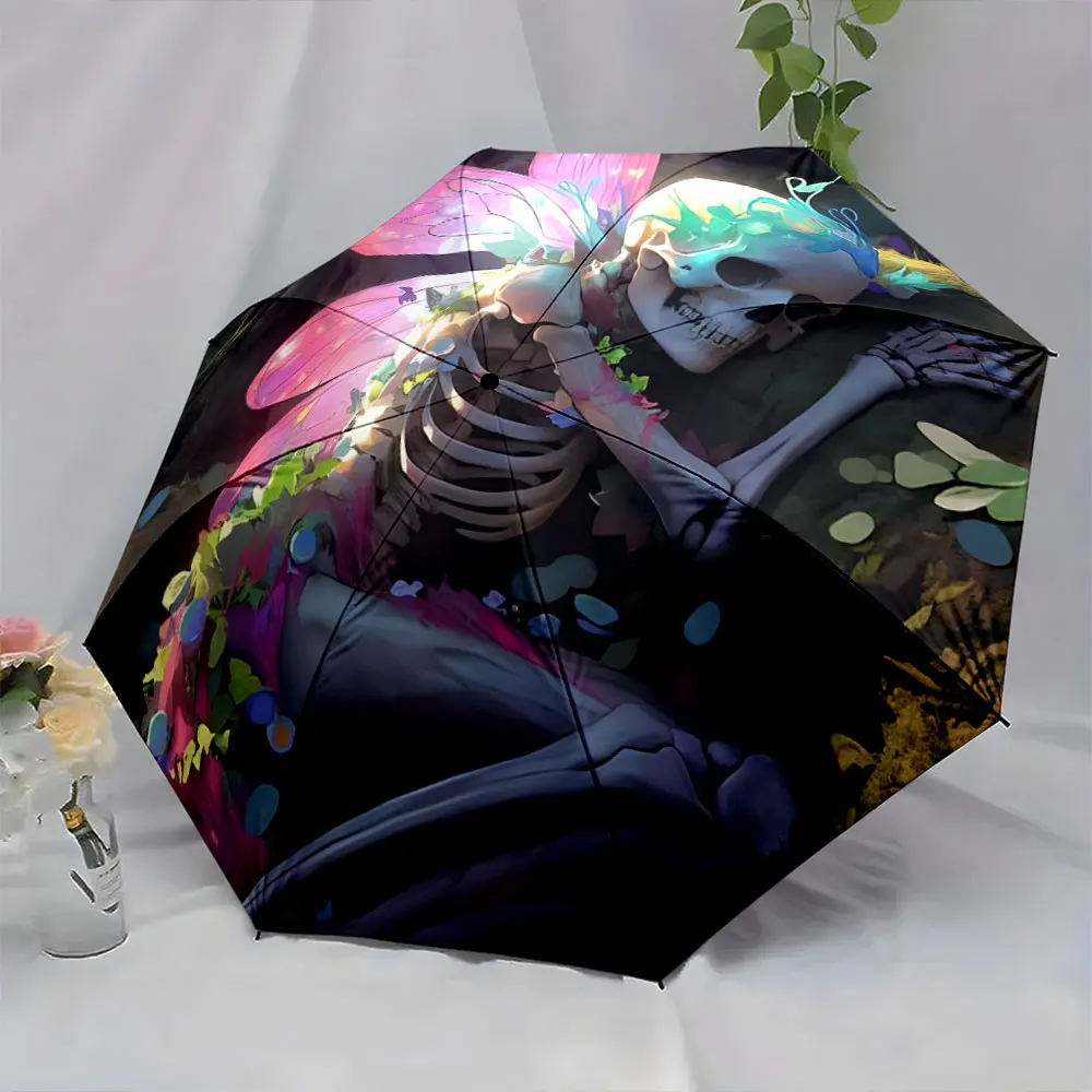 1PC Ethereal Skeleton Design Umbrella for Unique Style Print 8 Iron Ribs Folding Umbrella Auto-Open Fashion Sunshade