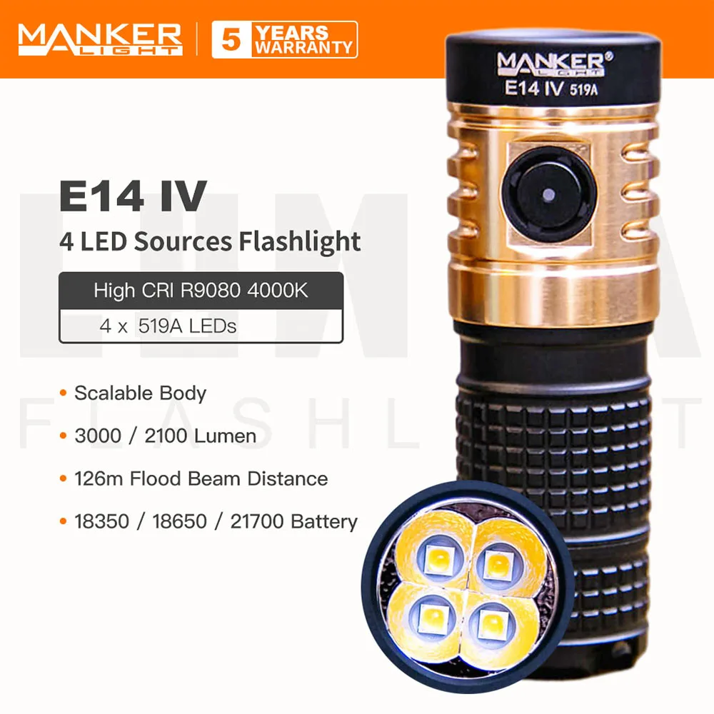 Manker E14 IV (High CRI Version) Compact Rechargeable Flood Flashlight with Filter, 4 Light Sources, 3000 Lumens, Overheat Prote