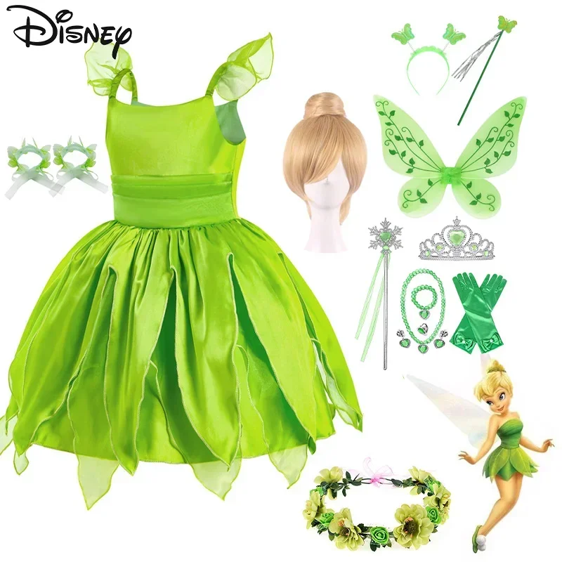 

Disney Tinker Bell Princess Dress Kawaii Miss Bell Cosplay Costume for Girls Carnival Party Fairy Dress Wig Garland Wing Sets
