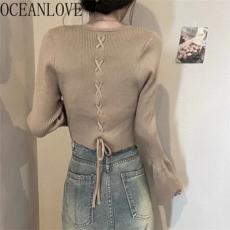 OCEANLOVE Back Bandage Women Sweaters Solid Autumn Winter Flare Sleeve Retro Pullovers Korean Fashion Short Pull Femme