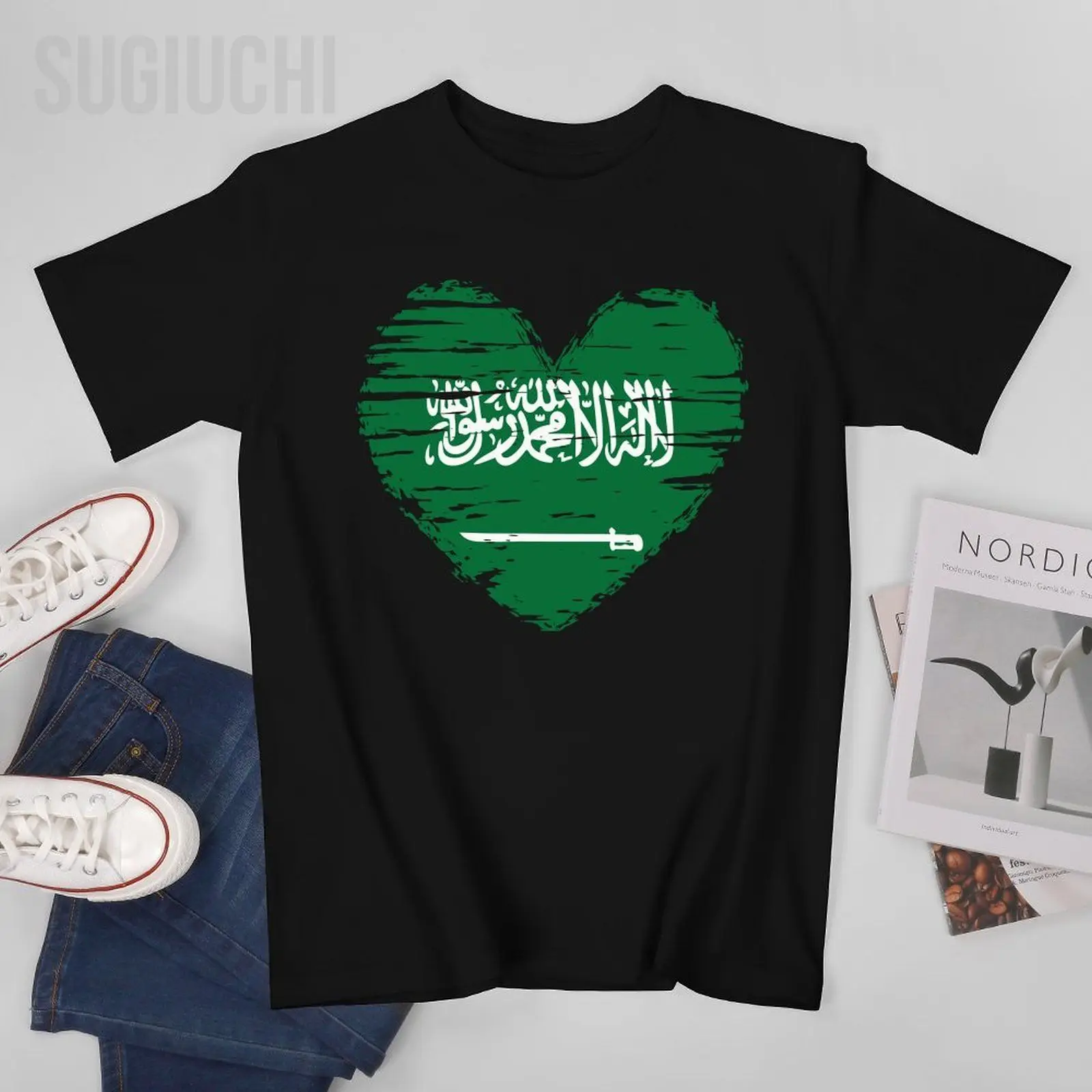 Men Short T-Shirt Saudi Arabia Heart Saudi Arabian Flag KSA Pride Tshirt Tees O-neck T Shirts Women Boys 100% Cotton Unisex