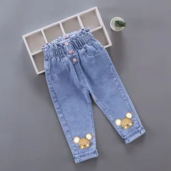 Korean version Children's Jeans 2024 Spring Autumn Season New Girls' High Waist Elastic Love Cat Printed Jeans Infant Pants