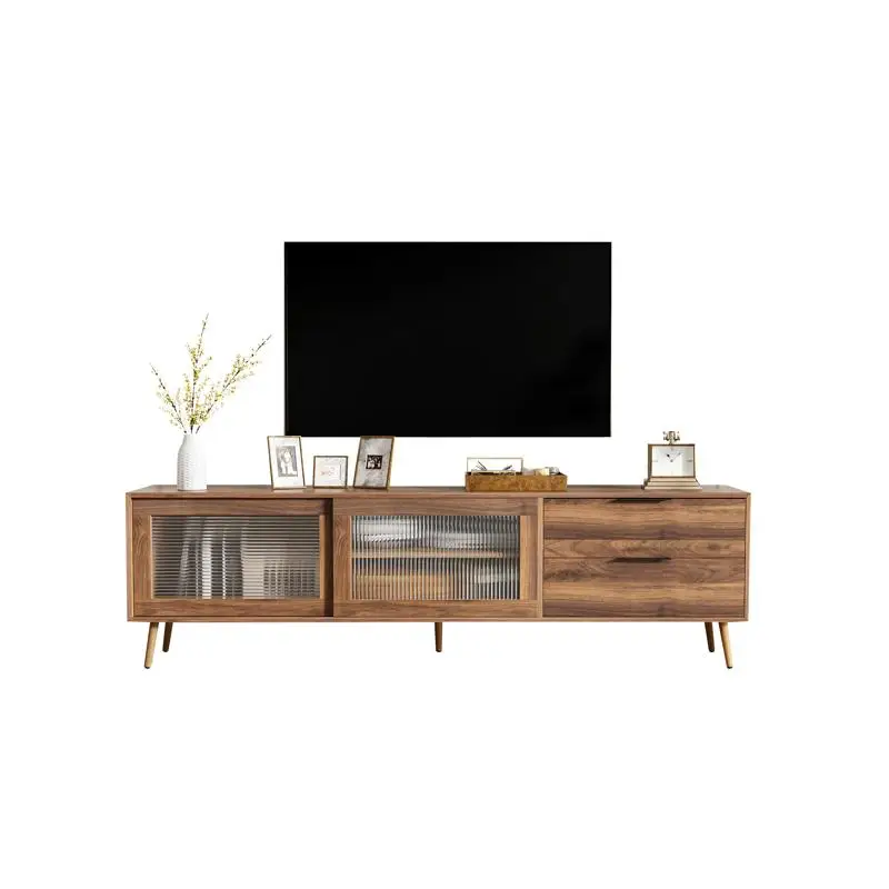 Modern TV Stand for 75 Inch TV, Console with Glass Doors, Entertainment Center with Drawers & Storage Cabinet, 70 Inch Media