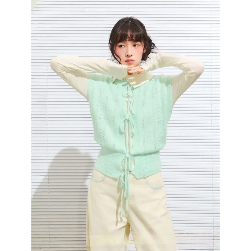 Women Hollow Knit Vest Front Drawstring Sleeveless Slim Sweet Layering Waistcoat Tops