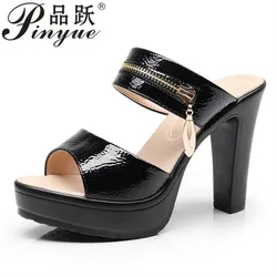 10.5cm good Quality Patent Leather Slippers for Women New High Heels Slides Women Platform Outdoor Office Slides Plus Size 32 43