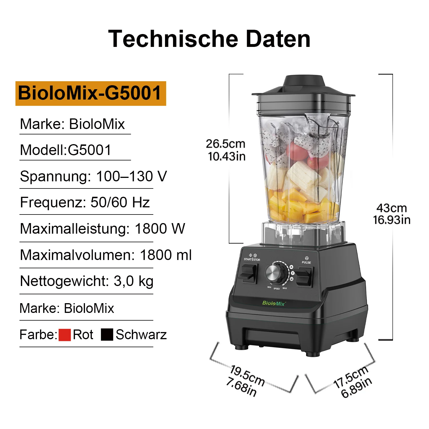 BioloMix Mini Pro Mixer, 1800 W Motor, 1,8 l Hauptglas, 0,6 l tragbarer Becher, BPA-frei, robuster Entsafter, Smoothie-Maker und Mühle – Detail 9