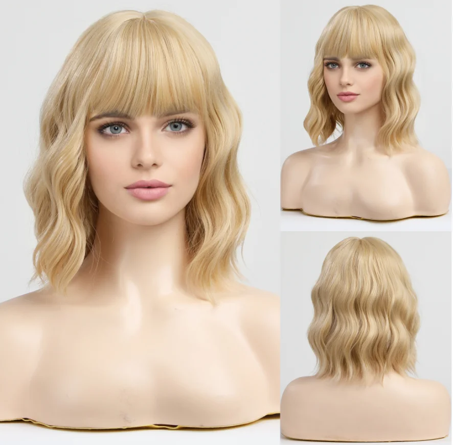 ELEMENT 2023 Cute Fashion 16 Inch Golden Blonde Loose Curly Hair Wig with Bangs Lolita Cosplay Party Daily Wigs for Women