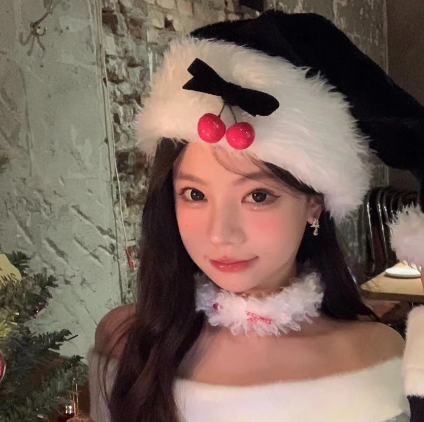 Red Cherry Bow Christmas Hat Warm Plush Cap Decorations Christmas Hat Xmas Party Decorations Women Girls Cosplay Headwear