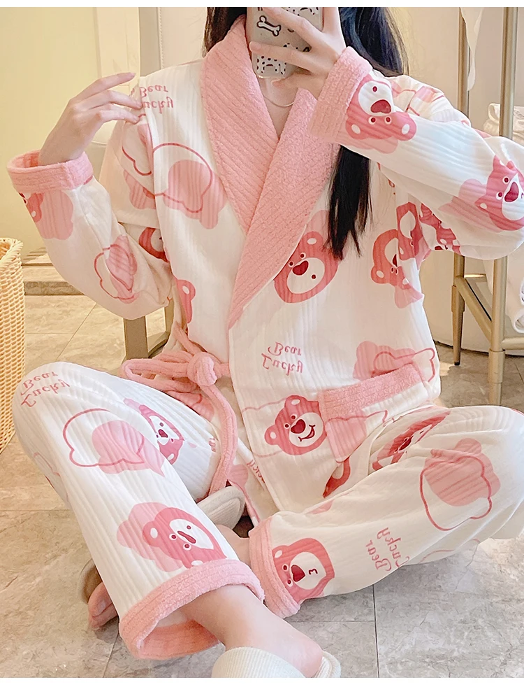 

Postpartum Woman Winter Sleep & Lounge Breastfeeding Clothes Set Nursing Kimono Jacket Long Pants Two Pieces Pajamas Suits Warm