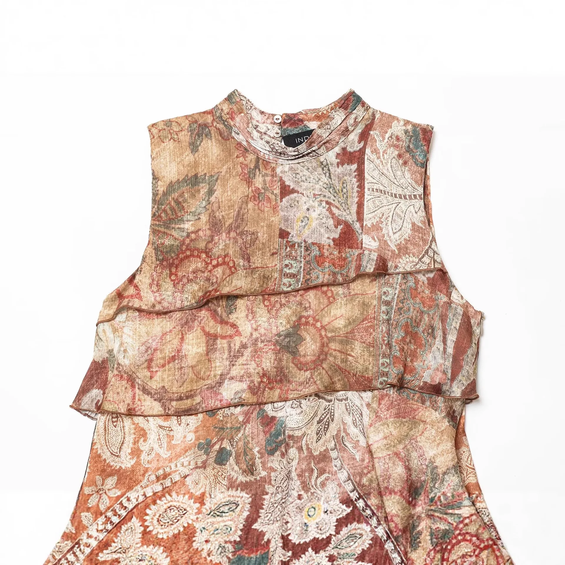 2025 verão novo bloco de cores impressão em camadas decoração sem mangas mini vestido feminino design artístico retro