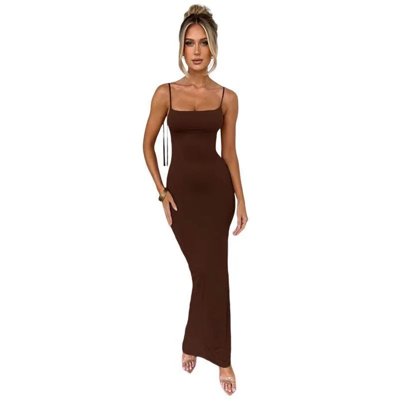 Sexy Backless Solid Color Bodycon Dress with Straps for Women Evening Party