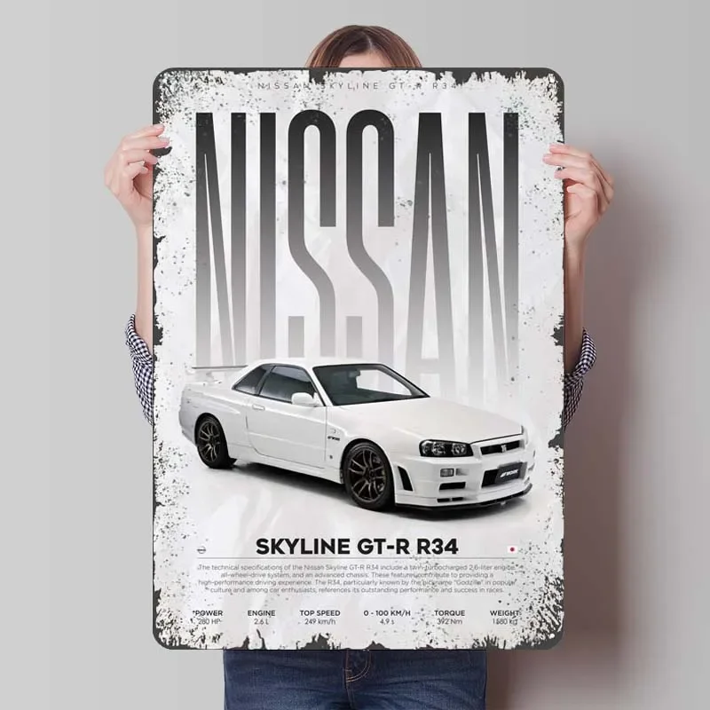 Nissan Skyline GTR R34 Metal Sign Cars Poster Decoration for Home Decor Items Room Decor Aesthetics Metal Wall Art Mural Bedroom