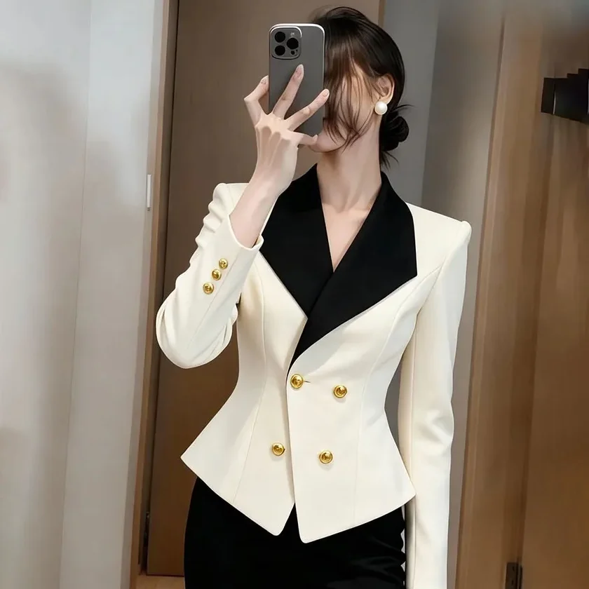 

Осень-весна 2026, новый шикарный повседневный профессиональный блейзер, женская верхняя одежда, модный тонкий черный, белый цвет, тонкий костюм, топы