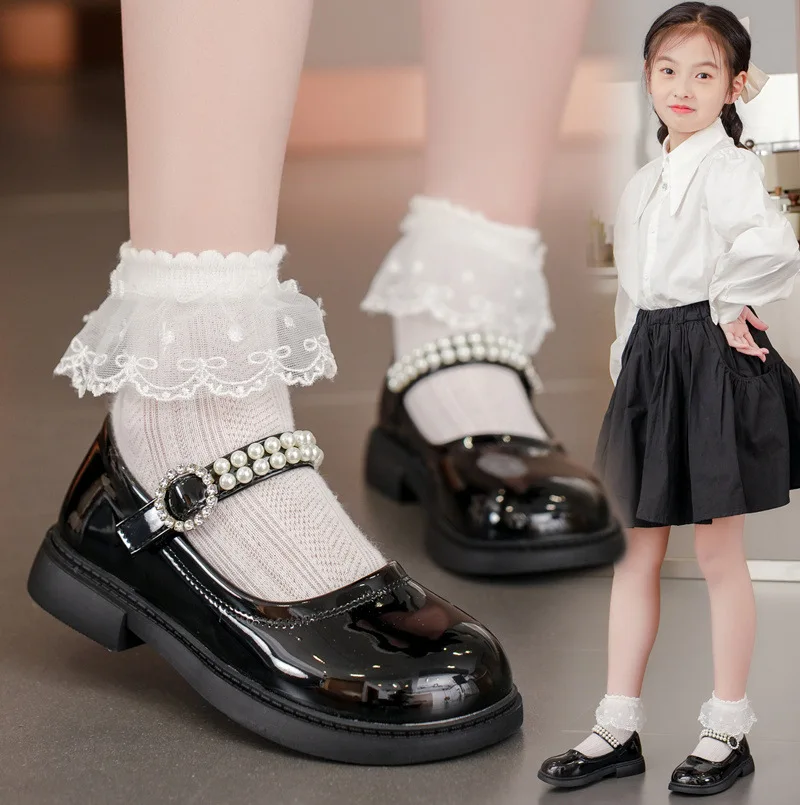 School Student Black Leather Shoes white Girls Fashion Princess Shoes 3-12Years Old Kids Performance Dress Shoes Children