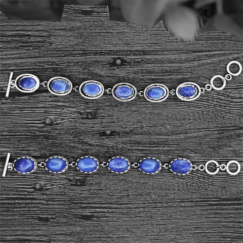 Natural Oval Lapis Lazuli Bracelet For Women Vintage Antique Silver Plated Flower Pendant Fashion Jewelry Party Gift TB276