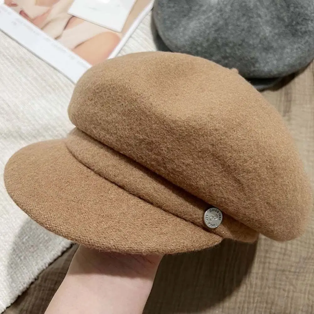 بلون الصوف قبعة قبعة قبة محبوك مثمنة Brimless قبعة كبيرة محيط الرأس النمط البريطاني الإناث الرسام قبعة العمل #4