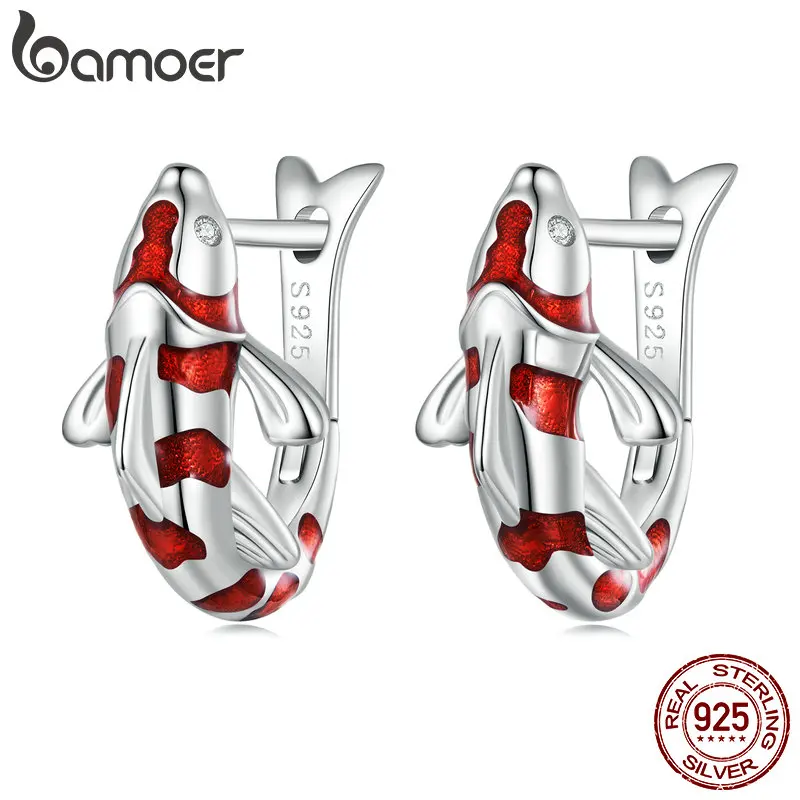 Bamoer 100% 925 Sterling Silver Red Enamel Lucky Carp Ear Buckles Fish Hoop Earrings for Lucky Women New Year Gift Fine Jewelry