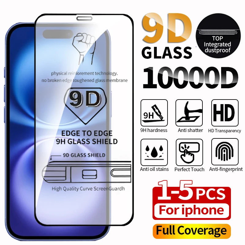 1-5Pcs 9D Tempered Glass Screen Protector For iPhone 16 Pro Max 11 15 14 13 12 Mini Xr X Xs Max 7 8 Plus Se 6s 13 15 16 pro Max