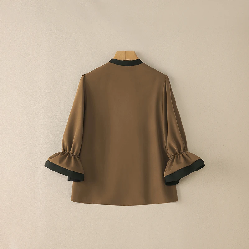 ZANZEA بلوزة نسائية أنيقة للعمل OL قميص مكتب صيفي سترة أنيقة 3/4 كم مكشكش بلوزات مرقعة ملابس علوية غير رسمية برباط #5