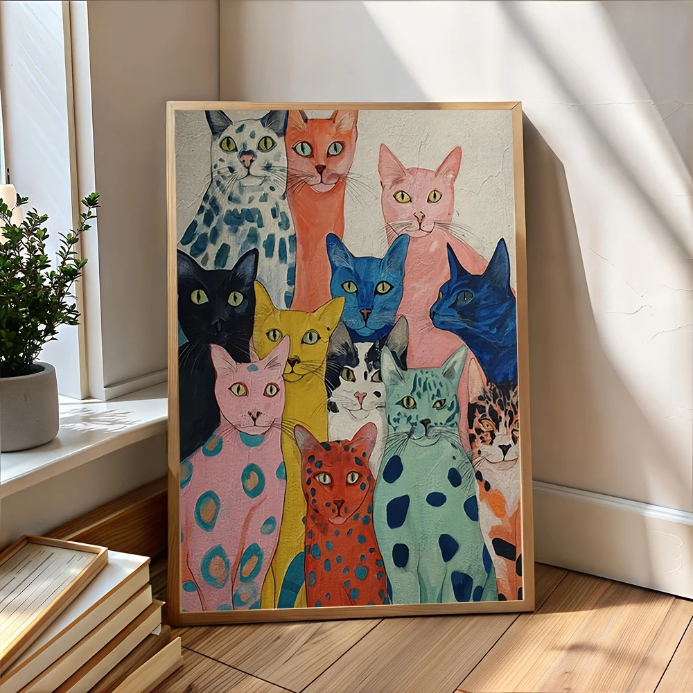 1pc Modern Abstract Colorful Cats Poster Cats Canvas Wall Art - Unframed Funny Cats Posters for Living Room Bedroom Decorations