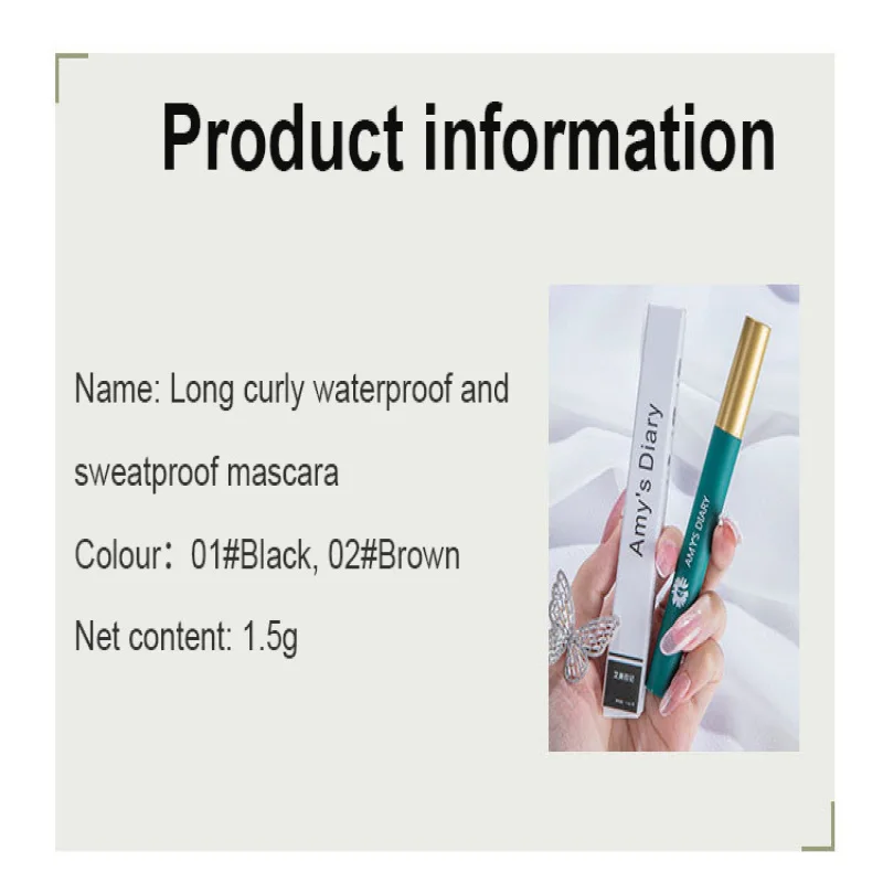 Mascara résistant à l'eau et à la transpiration, tube vert, brosse extrême fine, boucle d'allongement de la tête, épaisseur naturelle réglable à 360 °