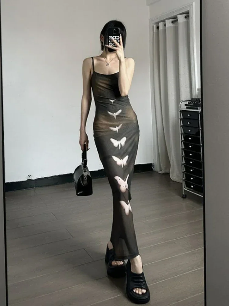 Japanische Gaze Elegante Schmetterlingsdruck Kleider Sexy Split Y2k Ästhetisches Süßes Damenkleid Tie Dye Lang Schlank Grunge Fee