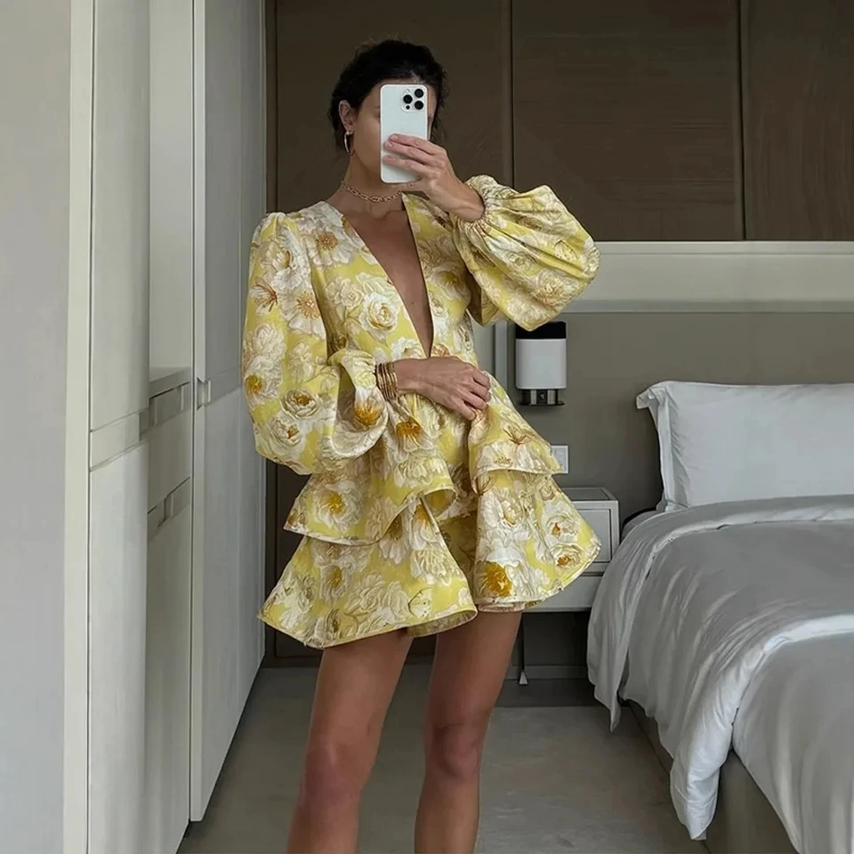 

2025 New Women Yellow V Neck Print Short Dress Lantern Sleeve Tiered Skirt French Elegant Multi Color Options