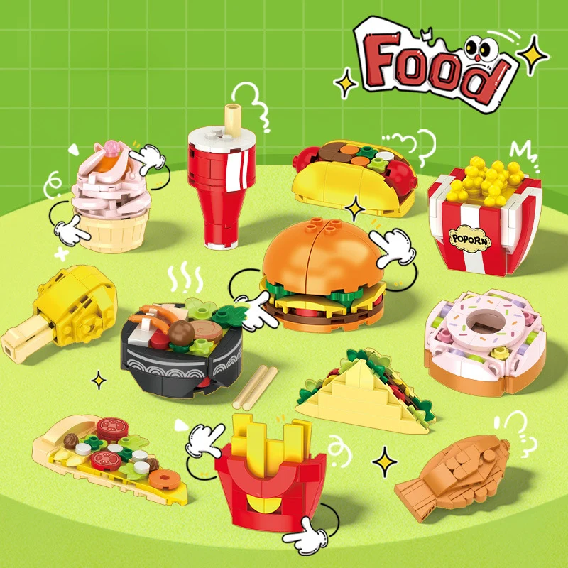 

Idea Delicious Food Block Ramen Taiyaki BuildING Brick Ice-Cream HotDog Cola Sandwich Donut Pizza Hamburger Toys For Gifts